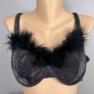 Vintage Biatta Intimates Size 40C Bra Black Silver Lamé Feathers Lined Underwire